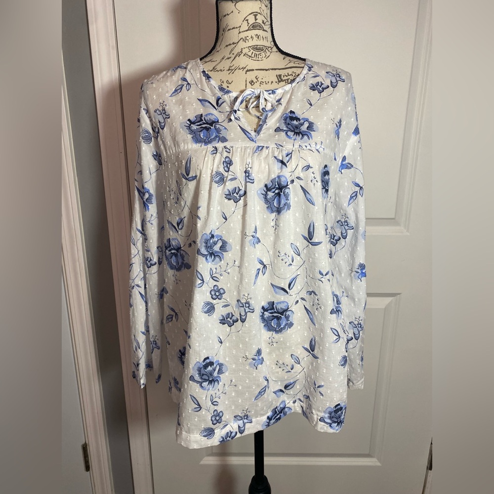 NorthStyle White and Blue Floral Swiss Dot Cotton Tunic w/‎ Tie Large/L N